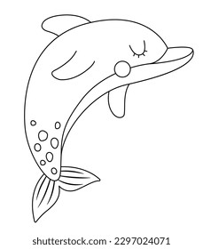 Icono vector de delfín blanco y negro. Debajo de la línea del mar, ilustración de peces graciosos adorables. Clipart de animales oceánicos. Dibujos animados submarinos o submarinos o página de color para niños
