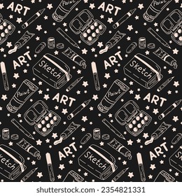 El arte del doodle blanco y negro vectorial es un patrón sin fisuras. Diseño de boceto minimalista. Elementos fijos de arte blanco aislado sobre fondo negro. Ideal para la decoración, textil, papel envolvente, fondo