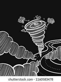 vector black and white doodle hurricane on the road lines background for brochure banner and publication