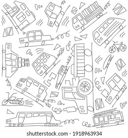 Vector black and white doodle monoline cars. Seamless baby boy pattern monoline. Texture for wallpaper, fills, web page background.