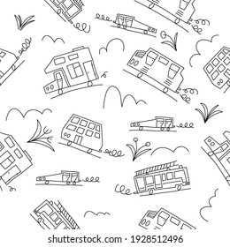 Vector black and white doodle monoline cars. Seamless baby boy pattern monoline. Texture for wallpaper, fills, web page background.