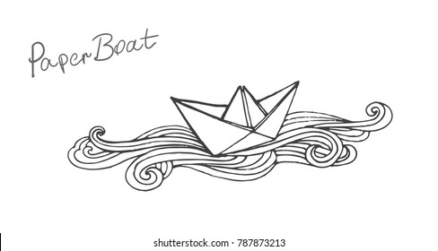 Vector black and white doodle paper ship boat illustration. Eps-8