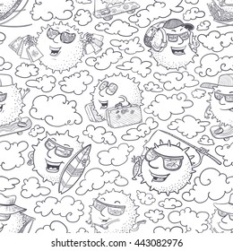 Vector black and white doodle seamless pattern with sun characters and summer sports