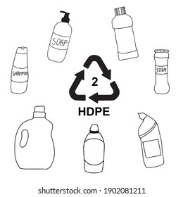 Vector black and white doodle set of 2 hdpe plastic containers and bottles of household chemicals. Recyclable sign pictogram for print, digital.