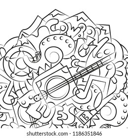 Vector black and white doodles  texture with hand-drawn musical instruments and symbols. Background template for web design, covers, booklets.