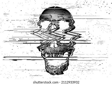 El semitono vectorial de punto blanco y negro brillante señal de TV digital gritando calavera.