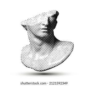 Vector black and white dot halftone broken classical style head sculpture fragment from 3d rendering isolated on white background. 