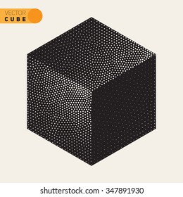 Vector Black and White Dotted Isometric Cube Shape Stippling Halftone Shading Design Element
