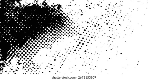 Pincel de semitono afligido de Vector blanco y negro con textura grunge. Textura grunge punteada de semitono. Textura grunge sobre fondo de espalda de auxilio. Glitch forma de grange distorsionada. 