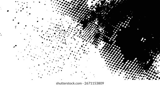 Vector black and white dotted paint distressed halftone brush with grunge texture. Halftone dotted grunge texture. Grunge texture on distress back background. Glitch distorted grange shape. 