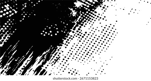 Pincel de semitono afligido de Vector blanco y negro con textura grunge. Textura grunge punteada de semitono. Textura grunge sobre fondo de espalda de auxilio. Glitch forma de grange distorsionada. 