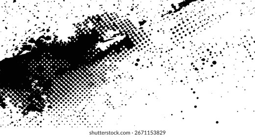 Vector black and white dotted paint distressed halftone brush with grunge texture. Halftone dotted grunge texture. Grunge texture on distress back background. Glitch distorted grange shape. 