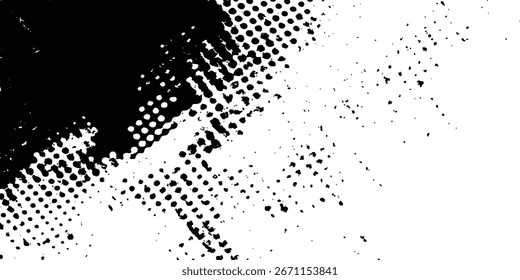 Pincel de semitono afligido de Vector blanco y negro con textura grunge. Textura grunge punteada de semitono. Textura grunge sobre fondo de espalda de auxilio. Glitch forma de grange distorsionada. 