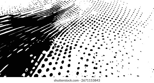 Vector black and white dotted paint distressed halftone brush with grunge texture. Halftone dotted grunge texture. Grunge texture on distress back background. Glitch distorted grange shape. 