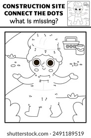 Vector black and white dot-to-dot and color activity with worker uniform, construction site scene. Building works connect the dots game, coloring page with hard hat. Printable worksheet
