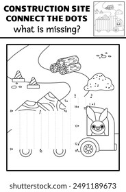 Vector black and white dot-to-dot and color activity with loaded truck, construction site scene. Building works connect the dots game with industrial vehicle. Printable worksheet, coloring page
