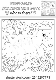 Vector black and white dot-to-dot and color activity with iguanodon, line prehistoric scene. Dinosaur connect the dots game or coloring page. What is missing printable worksheet
