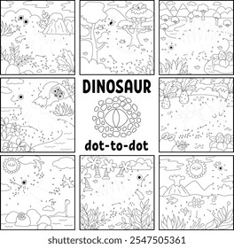 Atividade de cor e ponto a ponto em preto e branco de vetor definida com cena pré-histórica de linha. Dinossauro conectar o jogo de pontos, página de coloração para crianças. O que está faltando na coleção de planilhas imprimíveis
