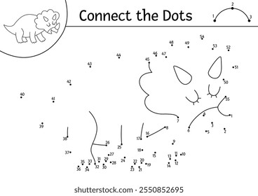 Atividade de cor e ponto a ponto em preto e branco com tricerátops. Dinossauro conectar o jogo de pontos, página de colorir. O que se junta à planilha imprimível em pontos. Quebra- cabeça de linhas pré- histórico
