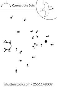 Vector black and white dot-to-dot and color activity with pterosaur. Dinosaur connect the dots game, coloring page. What join the dot printable worksheet with pterodactyl. Prehistoric line puzzle
