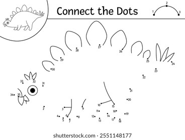 Atividade de cor e ponto a ponto em preto e branco vetorial com stegossauro. Dinossauro conectar o jogo de pontos, página de colorir. O que unir a planilha de ponto imprimível com stegosaurus. Quebra- cabeça de linhas pré- histórico
