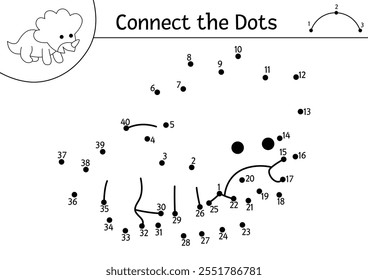 Vetor preto e branco ponto-a-ponto e atividade de cor com pouco tricerátops. Dinossauro conectar o jogo de pontos, página de colorir. O que se junta à planilha imprimível em pontos. Quebra- cabeça de linhas pré- histórico
