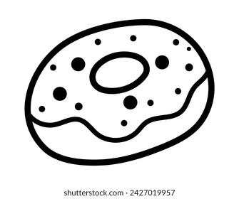 Vector de rosquilla en blanco y negro con glaseado. Postre de cumpleaños temático de cuento de hadas. Lindo elemento de diseño de barra de caramelo mágico de línea. Dulce icono de panadería o página para colorear
