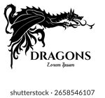Vector black and white dragon with ornament. Сan be used for corner design as a decorative element.