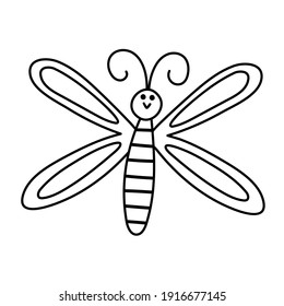 Vector black and white dragonfly icon. Outline funny woodland, forest or garden insect coloring page. Cute bug illustration for kids isolated on white background
