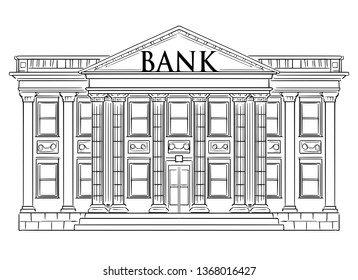 Vector black and white drawing of bank building in classic style with columns as metaphor of stability, money, finance and investment.
