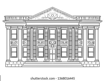 Vector Black And White Drawing Of Bank Building In Classic Style With Columns As Metaphor Of Stability, Money, Finance And Investment.