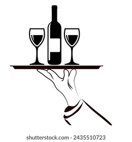vector dibujo en blanco y negro del icono de catering de la bandeja de mano del camarero