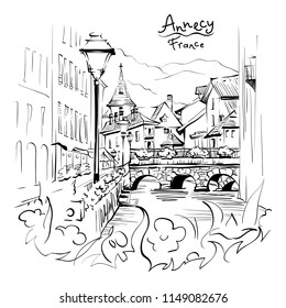 Vector black and white drawing, city view of the Palais de l'Isle and Thiou river in old city of Annecy, Venice of the Alps, France.