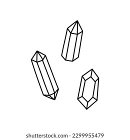 Vector black and white drawing of crystals isolated on white background. Doodle lineart crystals, magic elements for a witch.