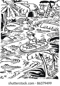 Vector black and white drawing of explorer paddling in jungle river.
