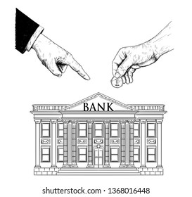 Vector black and white drawing of hand of politician or businessman is ordering or advising an ordinary person to put coin representing savings in bank. Metaphor of investment and finance.