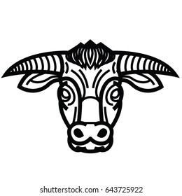 Vector black and white drawing of the head of powerful horned bull