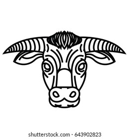Vector black and white drawing of the head of powerful horned bull