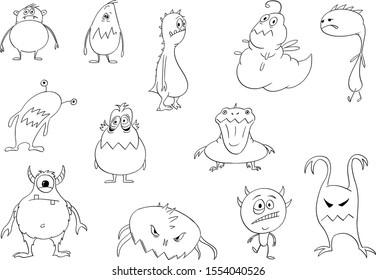 Vector black and white drawing illustration of set of cute funny Halloween monsters design. Coloring book for children.