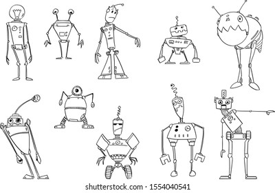 Vector black and white drawing illustration of set of cute funny retro robots design. Coloring book for children.