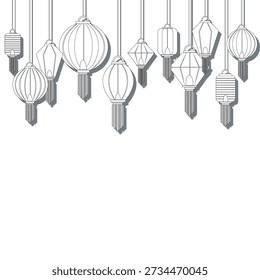 Vector black and white drawing of Japanese lanterns of various shapes and sizes. Coloring pages for creativity. Chinese-style aerial lanterns.