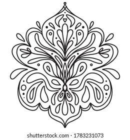 Vector black and white drawing mirror floral ornament. Coloring book for adults and adolescents, a beautiful print for painting, applying on clothes or dishes. Ornament for fraser cutting of patterned