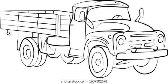 Vector black and white drawing old truck 