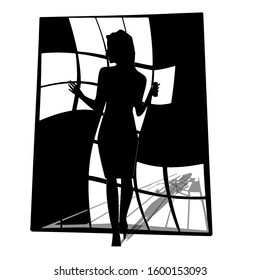 vector black and white drawing on transparent background girl behind bars with shadow