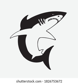 Dibujo vectorial en blanco y negro de un tiburón. Adecuado para el logotipo, la publicidad, la pegatina, la impresión en ropa