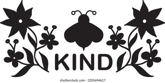 Silueta vectorial de dibujo en blanco y negro de una abeja y flores. Ser texto floral vectorial amable.