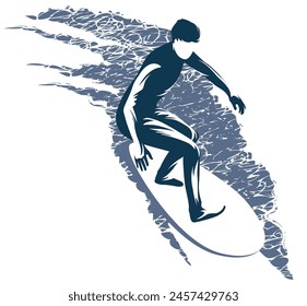 Vector dibujo en blanco y negro de un surfista en una tabla montando las olas en el mar