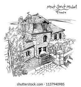 Vector black and white drawing, a traditional Breton house inside the walls of Mont Saint-Michel, Brittany, France.