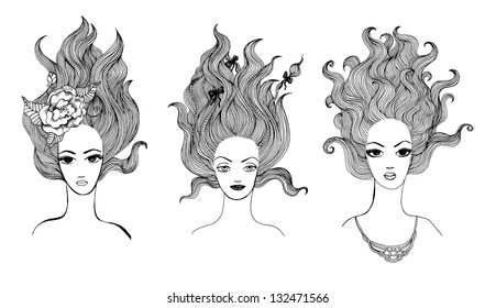 Vector black and white drawings of beautiful long-haired girls, collection.