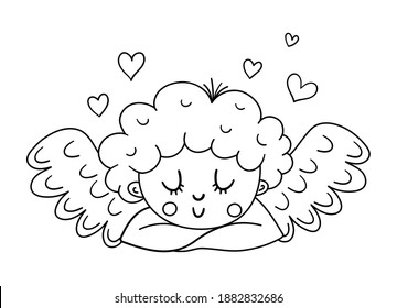 Vector black and white dreaming cupid with folded arms. Funny Valentine’s day character. Happy love angel with spread wings. Playful cherub line icon isolated on white background.
